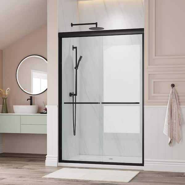 44 in. - 48 in. W x 72 in. H Double Sliding Semi-Frameless Shower Door in Matte Black with Clear Glass