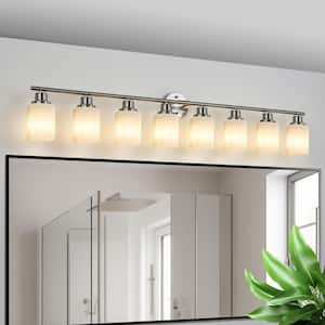 52 in. 8-Light Brushed Nickel Vanity Lights Fixture with Frosted Glass Shades and No Bulbs Included