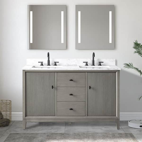 54 in. W x 22 in. D Double Sink Freestanding Driftwood Gray Bath Vanity Cabinet with White Engineered Marble Top