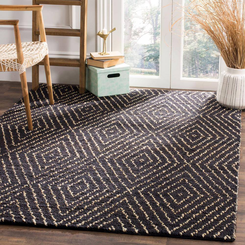 Hand-Knotted Black and Ivory Wool Area Rug