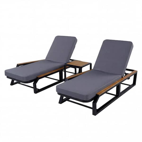 5-Piece Outdoor Chaise Lounge Set with 2 Adjustable Recliners,Grey Cushions and Side Table