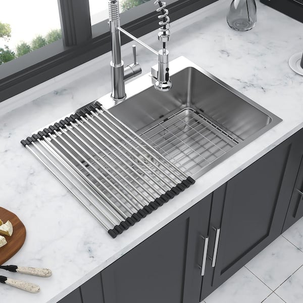 30 in. Drop-In Single Bowl 16 Gauge Brushed Nickel Stainless Steel Kitchen Sink with Bottom Grids