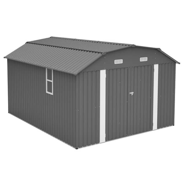 10 ft. W x 12 ft. D Outdoor Galvanized Metal Tool Storage Shed, with Floor Frame Kit Tool Shed Heavy Duty, Gray