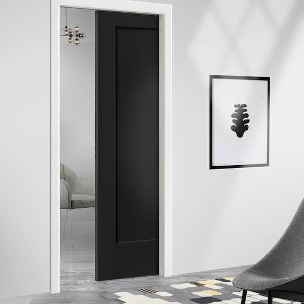 36 in. x 80 in. Black Painted Composite MDF 1Panel Interior Sliding Door with Pocket Door Frame and Hardware Kit