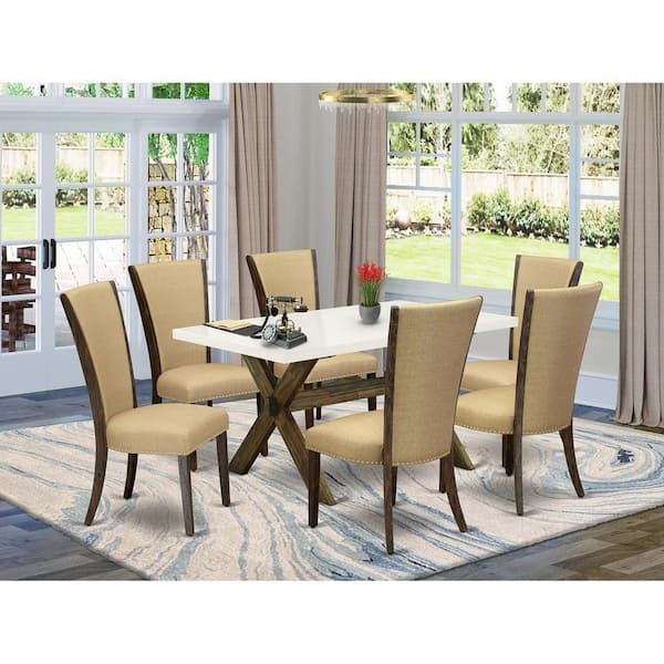 East West Furniture 7-Piece Distressed Jacobean Finish Solid Wood Top Dining Set with 1 table and 6 Upholstered-Chairs with Lattice Back