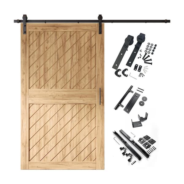 HOMACER XT1 50 in. x 84 in. C-Panel Unfinished Slanted Stripe Design Solid Pine Wood Sliding Barn Door with Hardware Kit