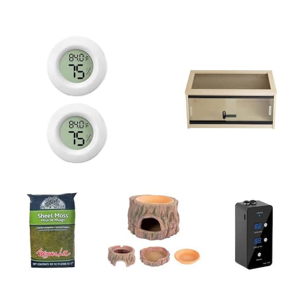 Reptile Tank Thermometer (Set of 2), 24 in. Lounge, 325 sq. in. Moss, Hide Cave and Humidifier Misting System Combo