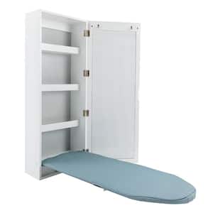 White Non-Electric Metal MDF Wall Mounted No Swivel Built-in Foldable Ironing Board Cabinet with Miror Storage Shelf