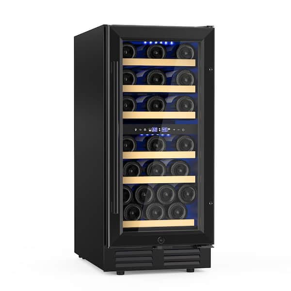 15 in. Dual Zone 30-Bottle Reversible Door Wine Cooler in Black with 3 Removable Beechwood Shelves Auto Blue Lighting