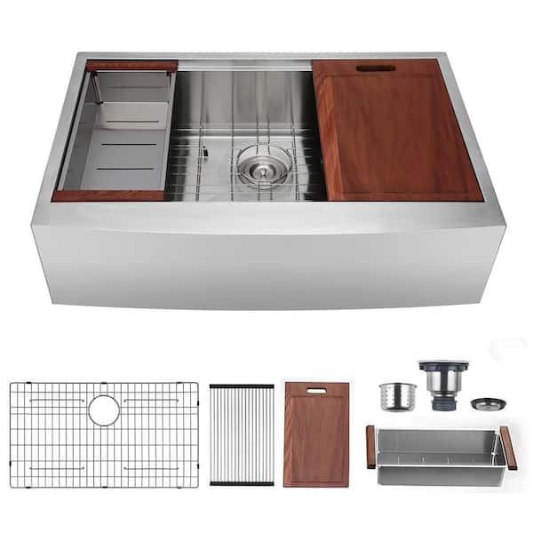Tahanbath Brushed Chrome Stainless Steel 33 in. Undermount Kitchen Sink with Bottom Grid