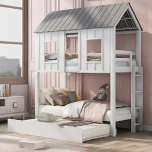 White House Bunk Bed with Trundle, Roof and Windows