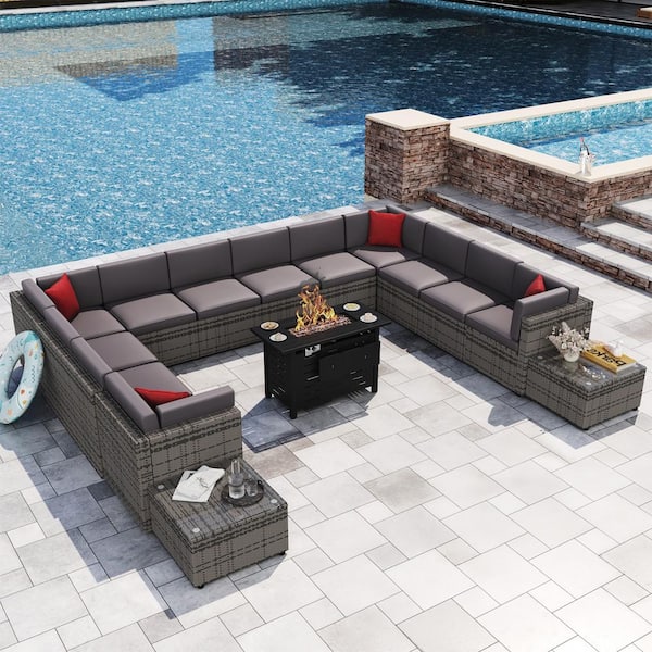 Sizzim 15-Piece Patio Rattan Sectional Conversation Set with 44 in. Metal Fire Pit Table, Gray Cushions and Set Covers