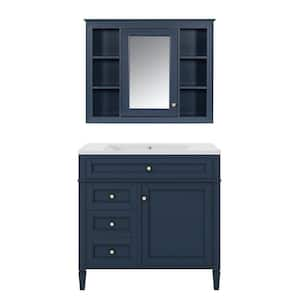 36 in. W x 18 in. D x 33 in. H Single Sink Freestanding Bath Vanity in Blue with White Resin Top and Mirror