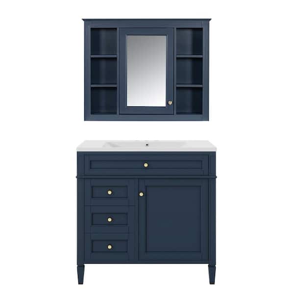 Qualler 36 in. W x 18 in. D x 33 in. H Single Sink Freestanding Bath Vanity in Blue with White Resin Top and Mirror