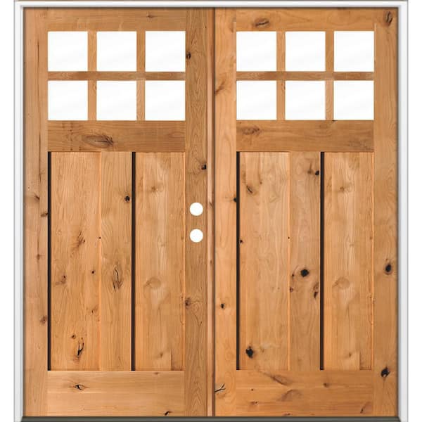 64 in. x 80 in. Knotty Alder Left-Hand/Inswing Double 6-Lite Clear Glass Cedar Stain Wood Prehung Front Door