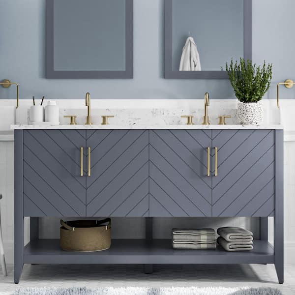 Home Decorators Collection Baybarn 60 in. W x 22 in. D x 35 in. H Double Sink Freestanding Bath Vanity in Blue Ash with White Engineered Stone Top