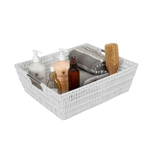 SIMPLIFY 4.5 in. x 6.5 in. White Small Shelf Storage Rattan Tote Basket  25454-WHITE - The Home Depot