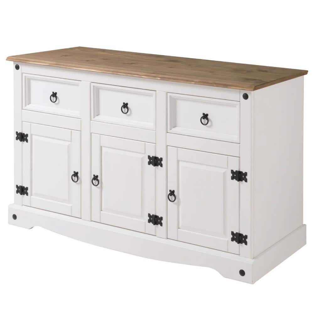 Distressed White Pine Wood Cottage Sideboard with Antique Brown Top