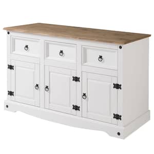 Cottage Series Distressed White Wood Pine 49.25 in. Buffet Sideboard with 3 drawers and 3 doors