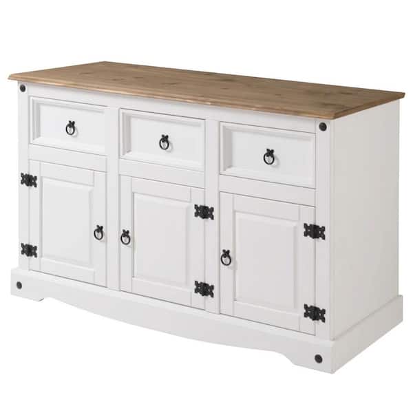 OS Home and Office Furniture Cottage Series Distressed White Wood Pine 49.25 in. Buffet Sideboard with 3 drawers and 3 doors