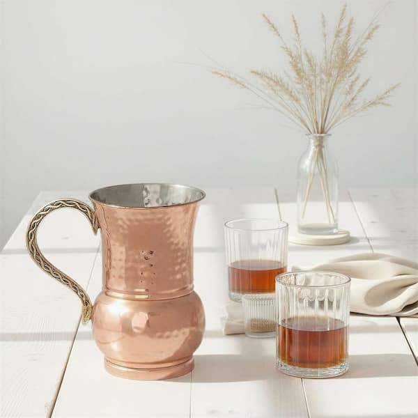 48 fl. oz. Copper Finish Hammered Stainless Steel Pitcher with Brass Handle