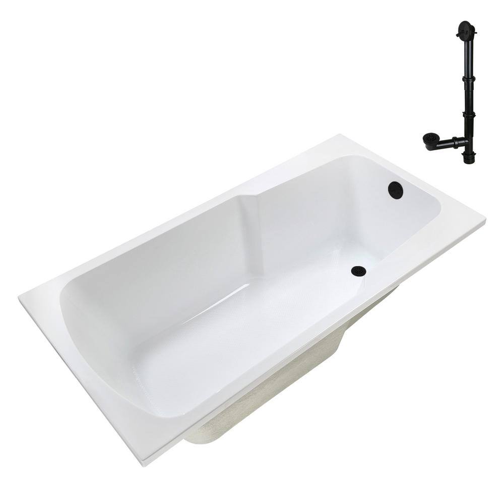 60'' Glossy White Acrylic Drop-In Soaking Bathtub with Matte Black Drain