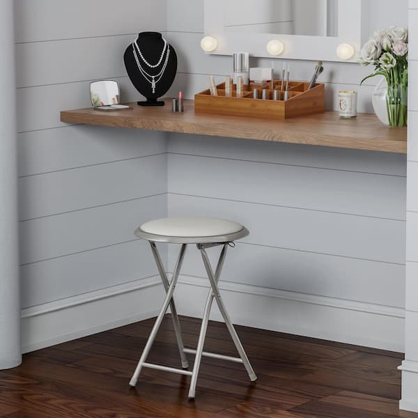 18 in. White Round Metal Heavy-Duty Padded Folding Bar Stool