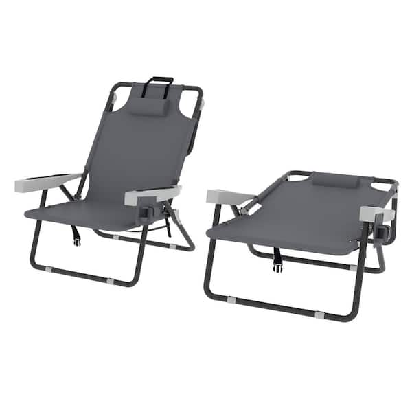 VEIKOUS 2-Pack Folding Portable Metal Backpack Beach Chairs w/ Removable Pillows and 5-Position Adjustable Backrest in Dark Gray