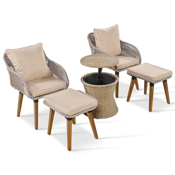 5-Piece Metal PP Rope Patio Conversation Set with Brown Cushions, Wicker Cool Bar Table, and Ottomans