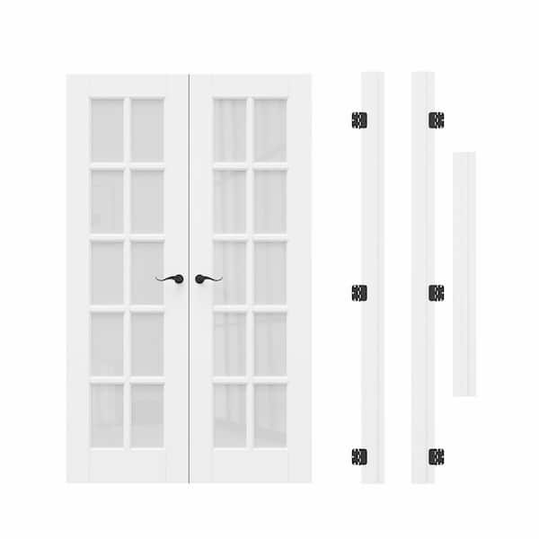 48 in. x 80 in. 10-Lite Frosted Glass Universal White Solid Core Glass Double Prehung French Door+ Quick Assemble Jamb