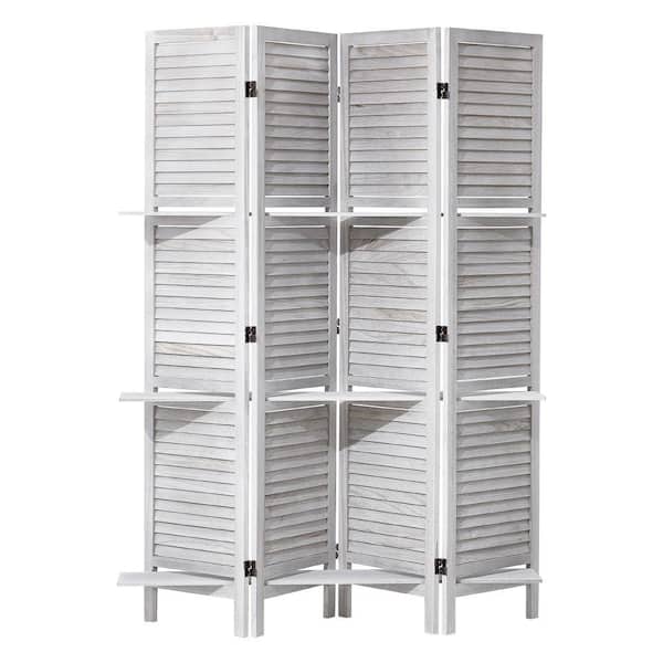 Wood Room Divider, 4-Panel Wood Folding Privacy Screen, 66.9 in. Tall Indoor Louvered Partition Divider Portable White