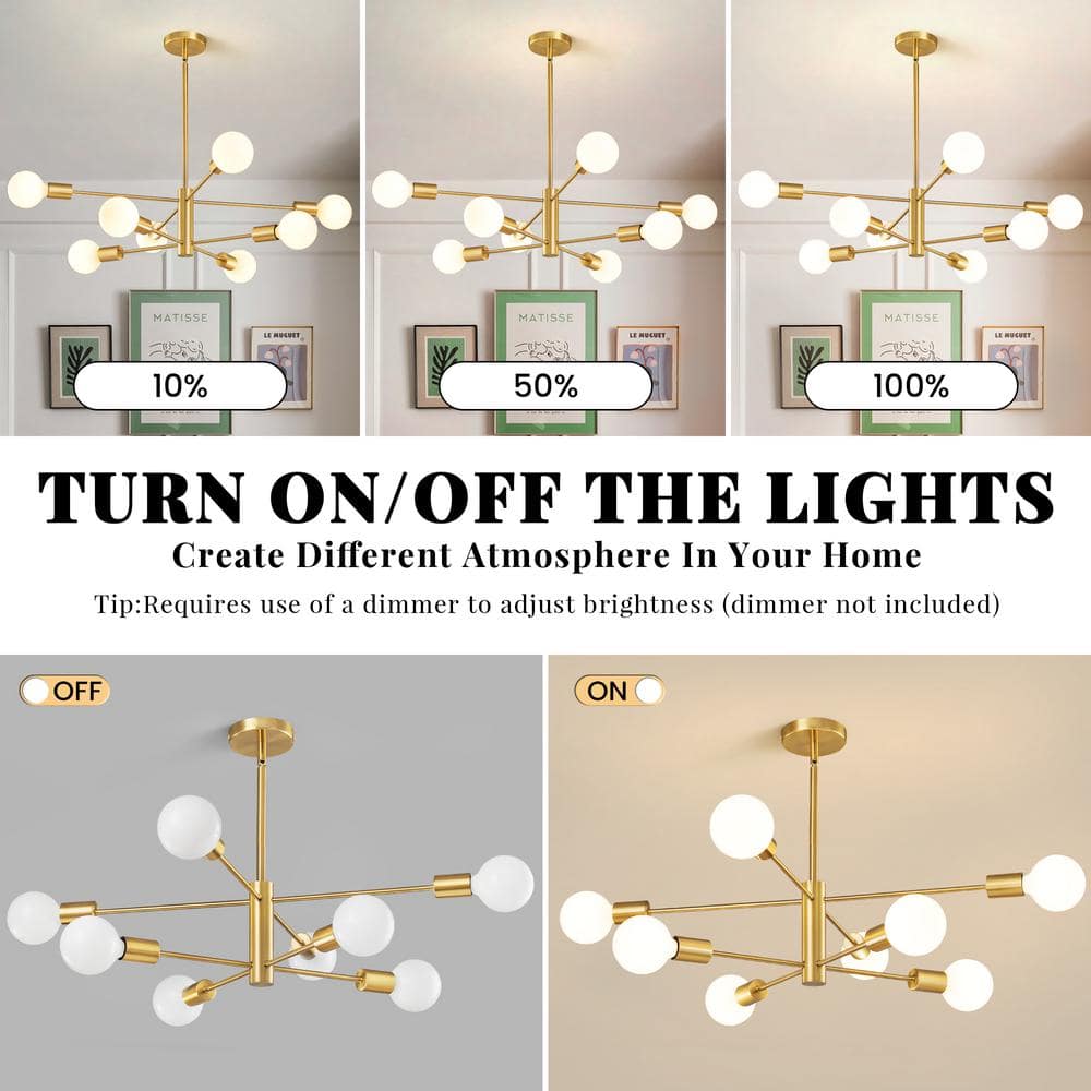 Gold 8-Light Sputnik Chandelier with Adjustable Rods