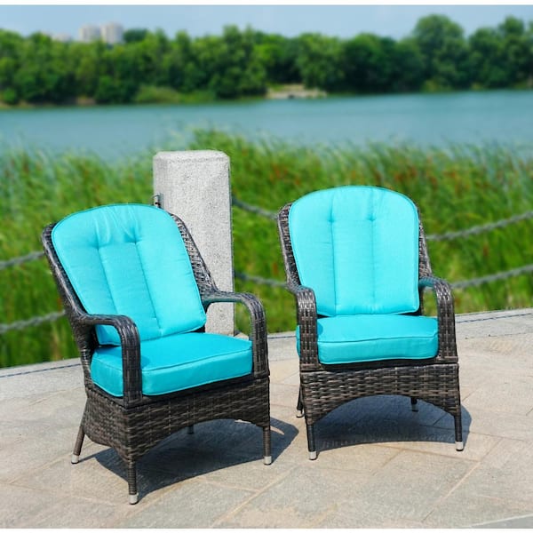 DIRECT WICKER Parcel Brown Wicker Outdoor Dining Chair with Lake Blue Cushions (2 of Chairs Included)