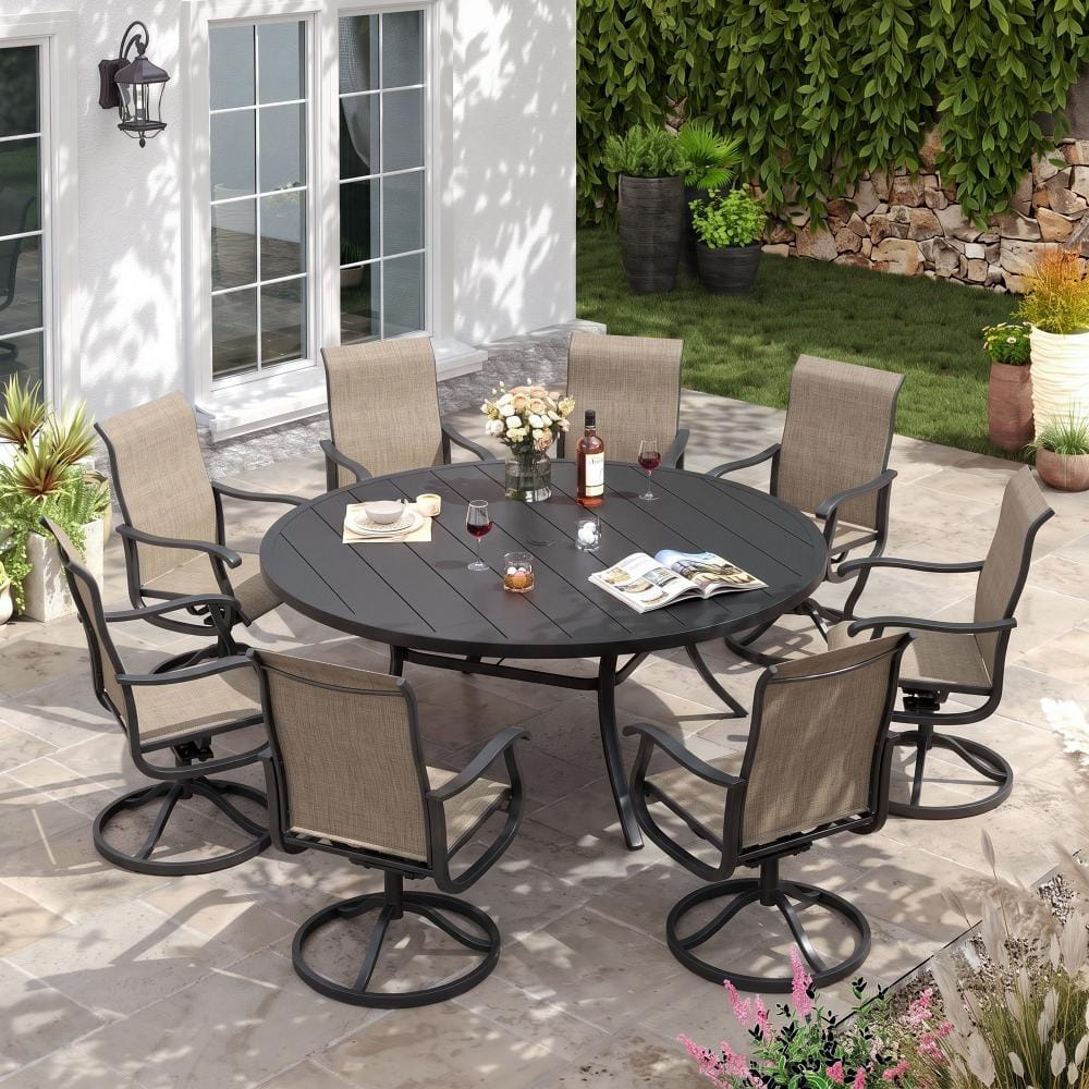 9-Piece Metal Outdoor Patio Dining Set with Round Table and High Back Padded Textilene Swivel Chairs in Brown price history on PriceWatchPro