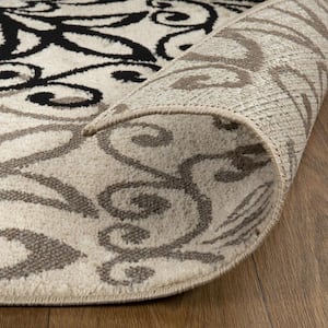 8 ft. Tan Gray and Black Floral Medallion Stain Resistant Runner Rug