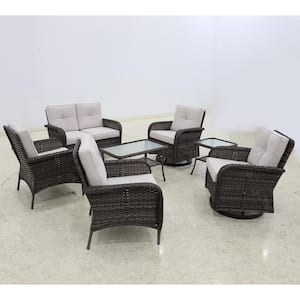 7-Piece Wicker Patio Conversation Set with Beige Cushion - Loveseat, Chairs, Swivel Rockers, Side Table and Coffee Table