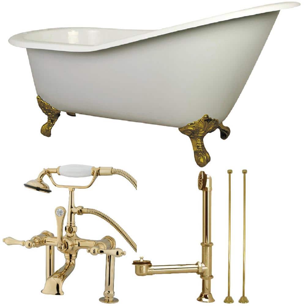Slipper 62 in. Cast Iron Clawfoot Bathtub in White with Faucet Combo in Pol