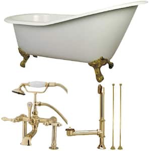 Slipper 62 in. Cast Iron Clawfoot Bathtub in White with Faucet Combo in Polished Brass