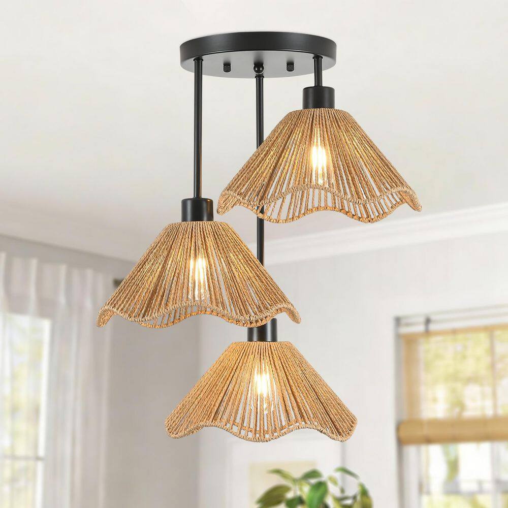 Scrow 18 in. 3-Light Bowl Matte Black & Natural Brown Rattan Iron Flush Mount with Handmade Woven Shade for Dining Room price history on PriceWatchPro
