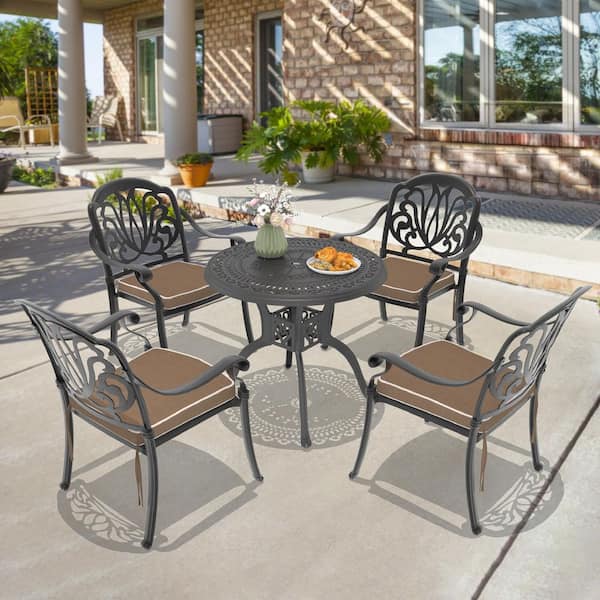 Willit Elizabeth Black 5-Piece Cast Aluminum Outdoor Dining Set with 31.50 in. Round Table and Random Color Seat Cushions