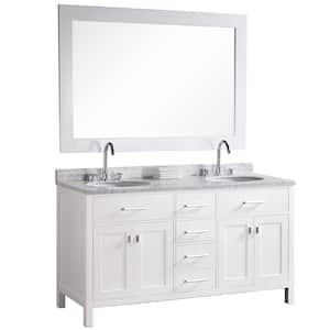 London 61 in. W x 22 in. D Vanity in Pearl White with Marble Vanity Top and Mirror in Carrera White