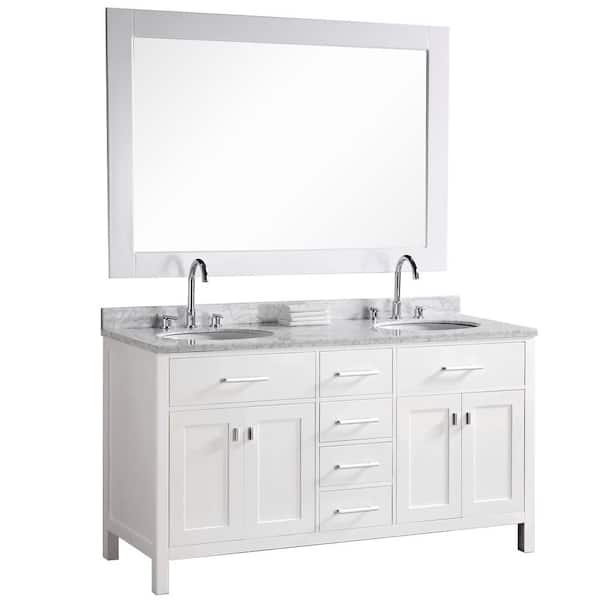 Design Element London 61 in. W x 22 in. D Vanity in Pearl White with Marble Vanity Top and Mirror in Carrera White