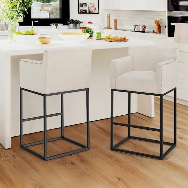 LUE BONA Hampton 30 in. Linen Modern Linen Upholstered Bar Stool Square Metal Frame Counter Height Bar Stool (Set of 2)