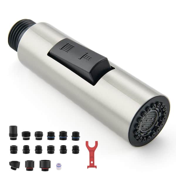2-Mode High Pressure Pull Down Brushed Nickel Kitchen Faucet Spray Head Nozzle with 15 Adapters