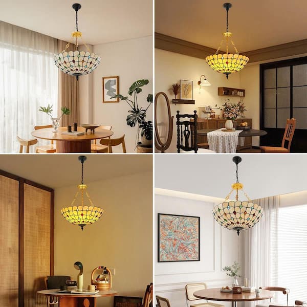 OUKANING 20.5 in. 5-Light Retro Stained Glass Shade Semi-Flush