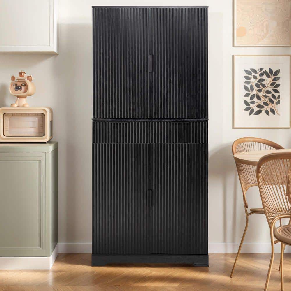Black Engineered Wood Freestanding 31.5 in. W Pantry Cabinet with Adjustable Shelves and 3-Keyboard Storage Drawers