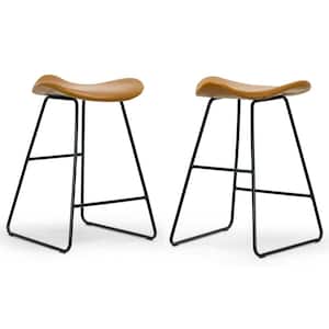 Aoi Brown Faux Leather Backless Counter Stool with Black Metal Legs (Set of 2)