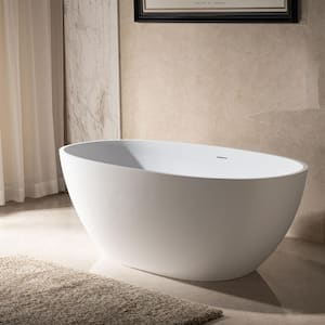 Cenere 67 in. Solid Surface Stone Resin Flatbottom Freestanding Bathtub in Matte White with 2-Drain Covers