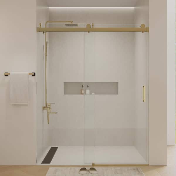60 in. W x 76 in. H Frameless Single Sliding Shower Door with 1/4 in. Tempered Clear Glass in Gold