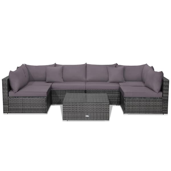 Gymax 7-Piece Wicker Outdoor Patio Rattan Sectional Sofa Set Furniture Set with Gray Cushions